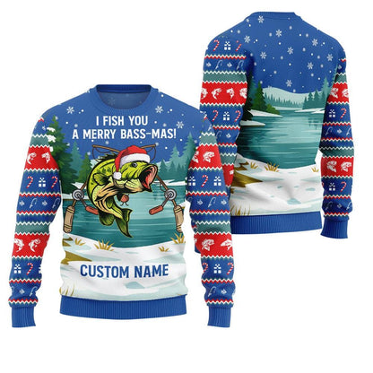 Blue sweater body showing the Santa-hat bass and two fishing rods
