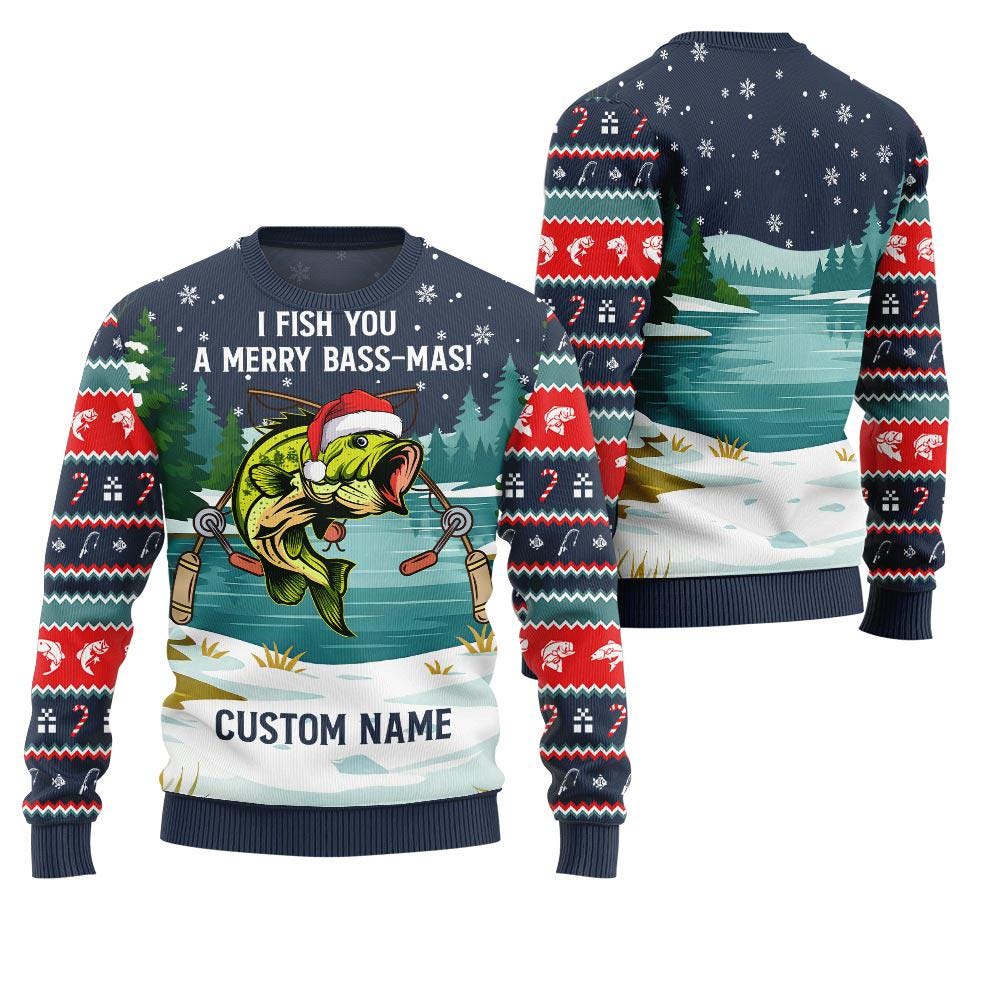 Navy sweater body with the Merry Bass-Mas print and lake scene on the back