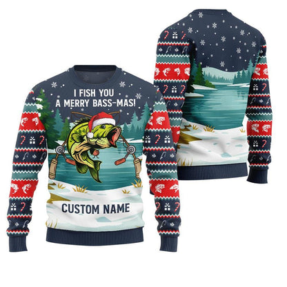 Navy sweater body with the Merry Bass-Mas print and lake scene on the back