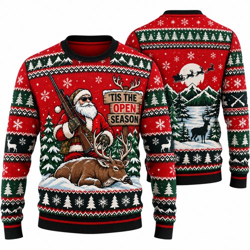 Front and back of a red sweater with a sign reading Tis the Open Season beside a buck