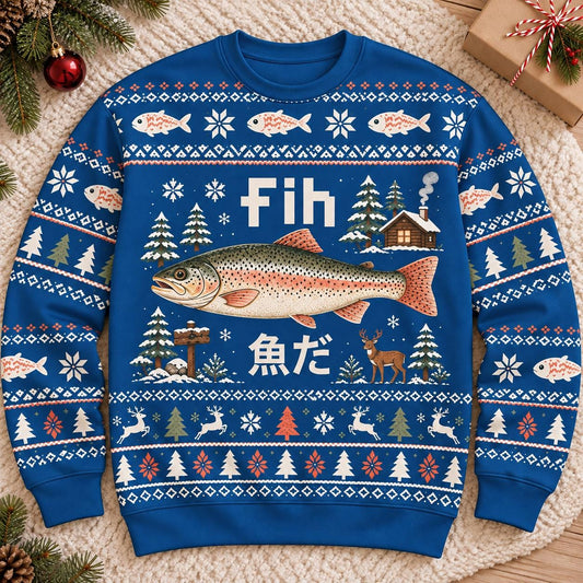 Front flat of a blue sweater with a rainbow trout under the letters fih