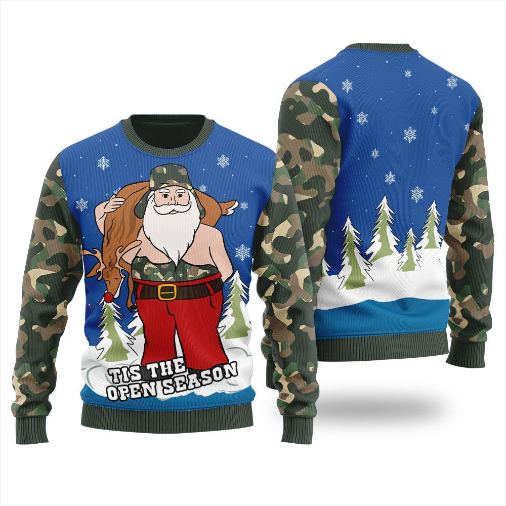 Blue Tis the Open Season sweater with camo sleeves and Santa carrying a deer