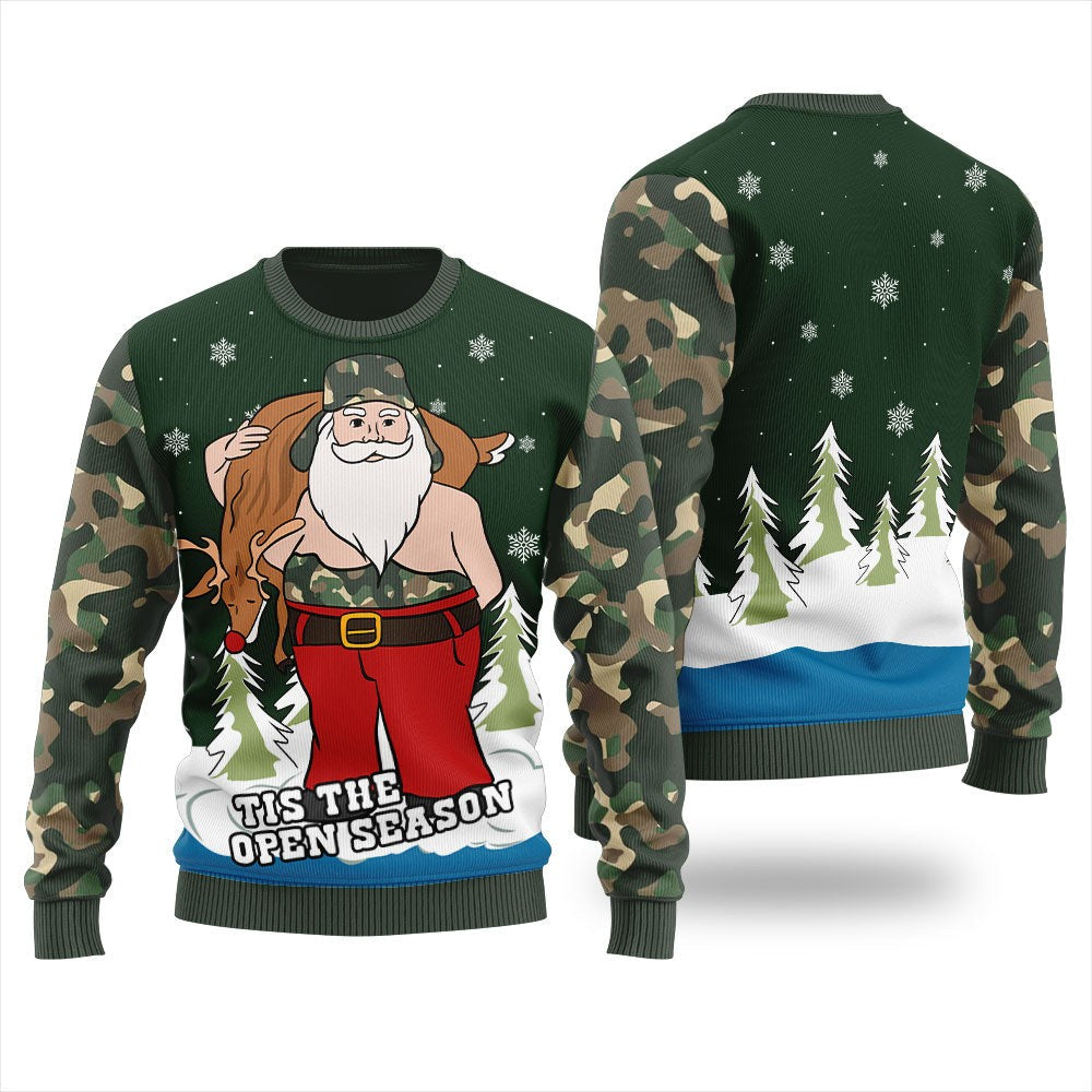 Dark green body of the camo-sleeve open season sweater