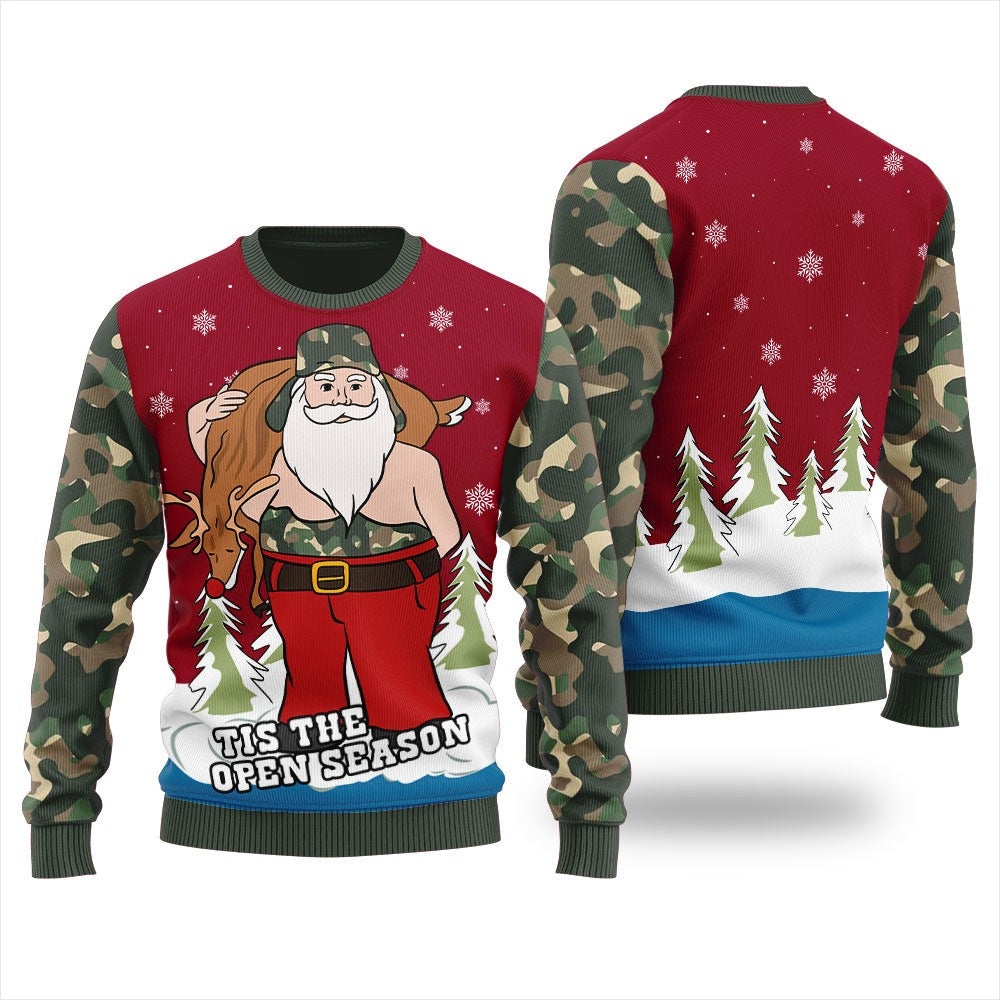 Maroon body of the Tis the Open Season camo sweater