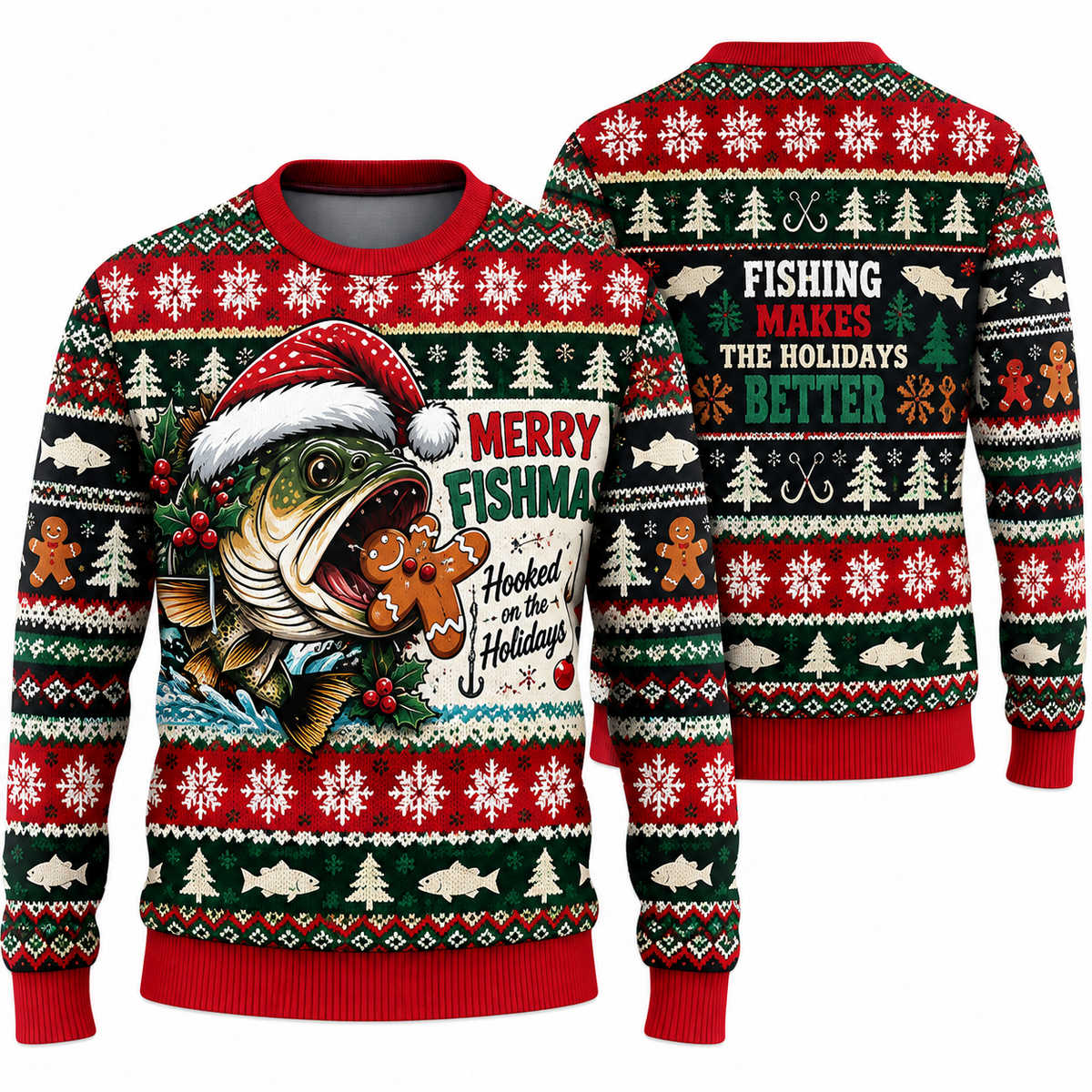 Front and back of a red holiday sweater with a Santa-hat bass biting a gingerbread man