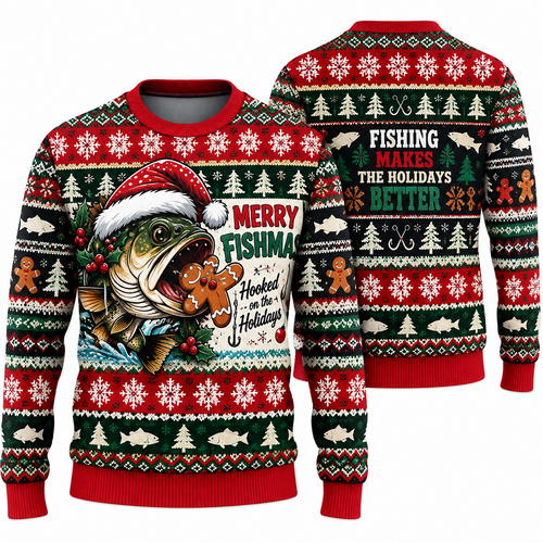 Front and back of a red holiday sweater with a Santa-hat bass biting a gingerbread man