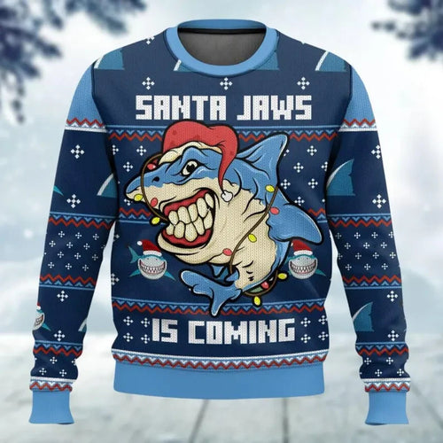 Front flat of a navy sweater reading Santa Jaws Is Coming above a lighted shark