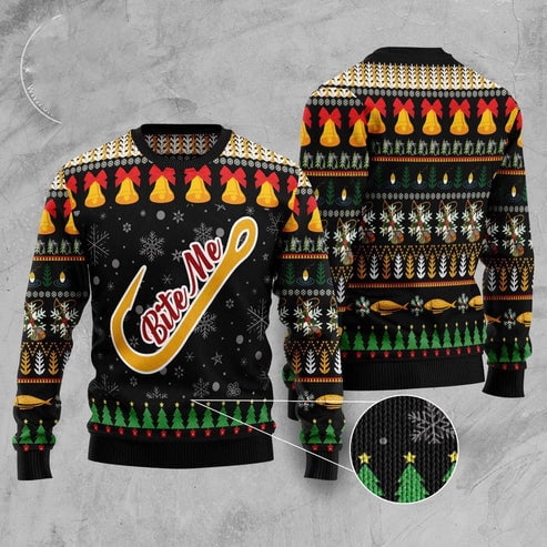 Front and back of a black sweater with a gold fish hook lettered Bite Me