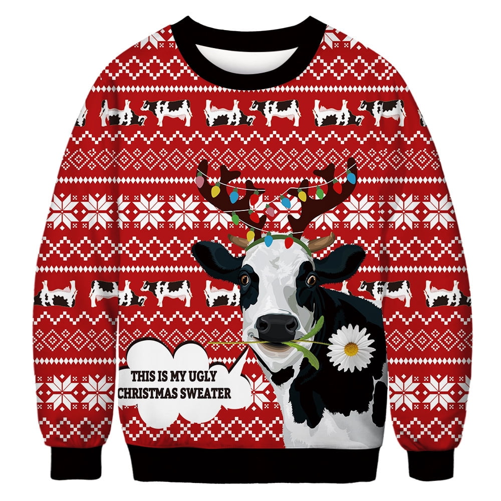 Front flat of a red sweater with a cow in reindeer antlers saying This Is My Ugly Christmas Sweater