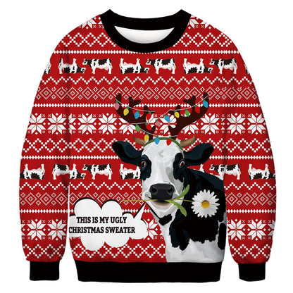 Front flat of a red sweater with a cow in reindeer antlers saying This Is My Ugly Christmas Sweater