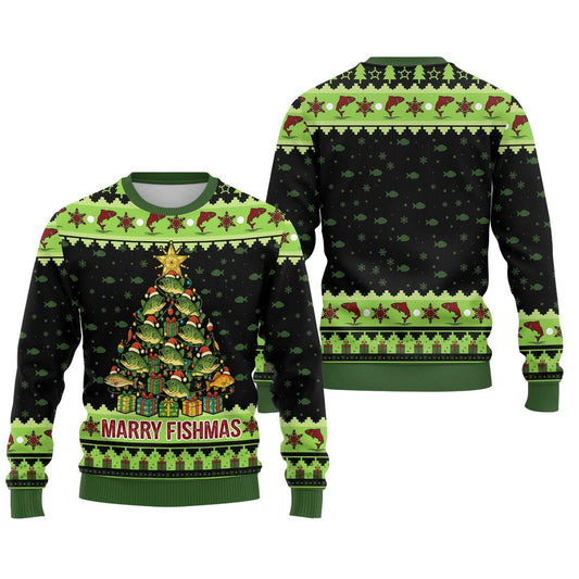 Front and back flats of a black sweater with a bass Christmas tree and the hem line Marry Fishmas
