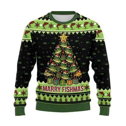 Front flat of the Marry Fishmas bass tree sweater