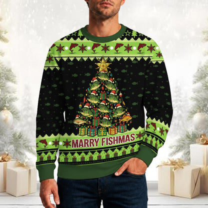 Man wearing the black Marry Fishmas bass tree sweater