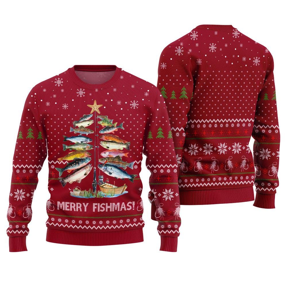 Red Merry Fishmas sweater with fish stacked on a rod like a Christmas tree