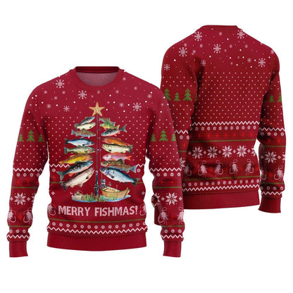 Red Merry Fishmas sweater with fish stacked on a rod like a Christmas tree