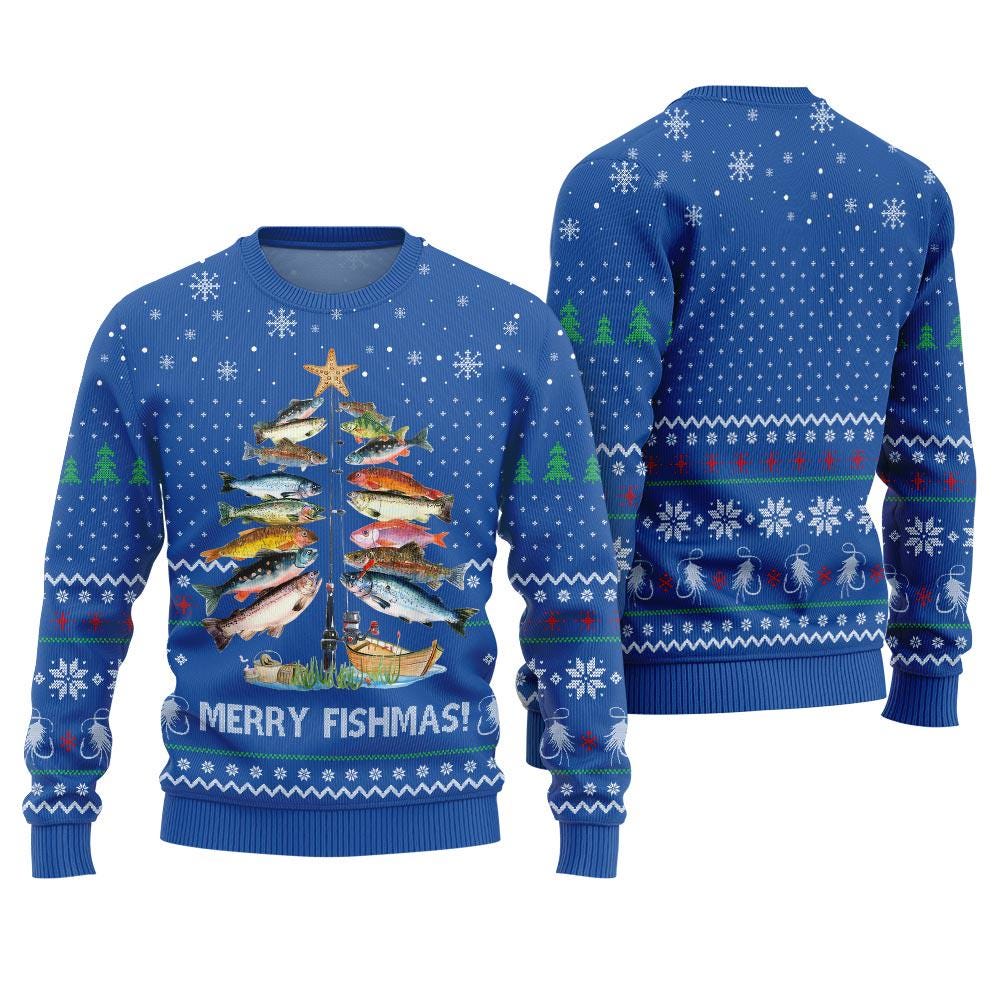 Bright blue body of the rod-tree Merry Fishmas sweater