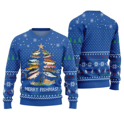Bright blue body of the rod-tree Merry Fishmas sweater