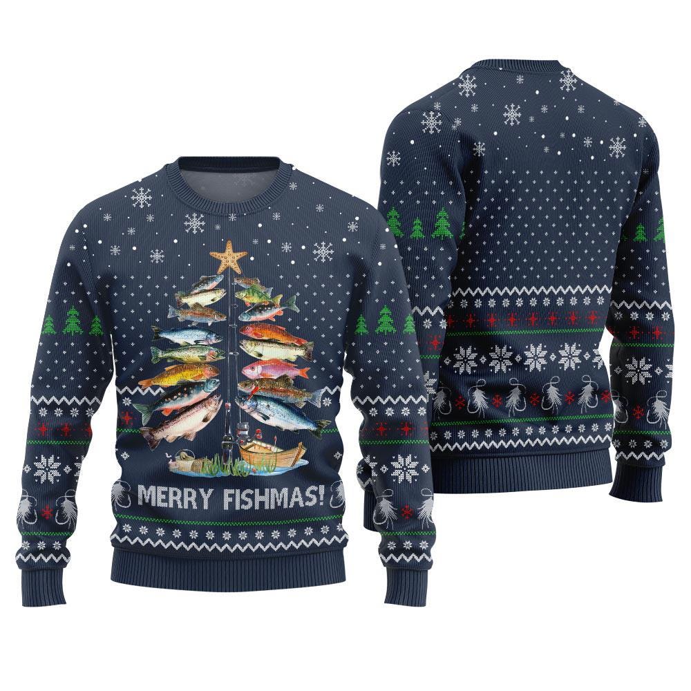 Navy body of the fish rod Christmas tree sweater