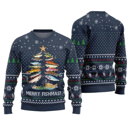 Navy body of the fish rod Christmas tree sweater