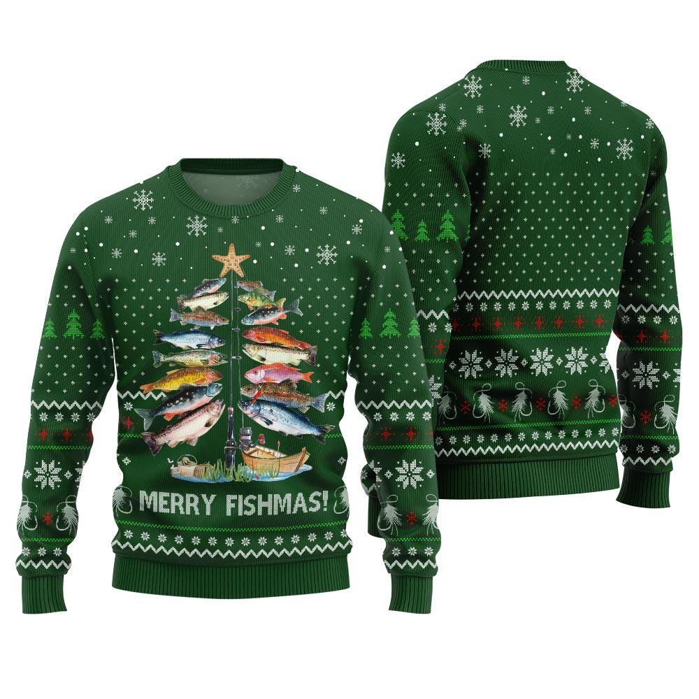 Green body of the Merry Fishmas rod tree sweater