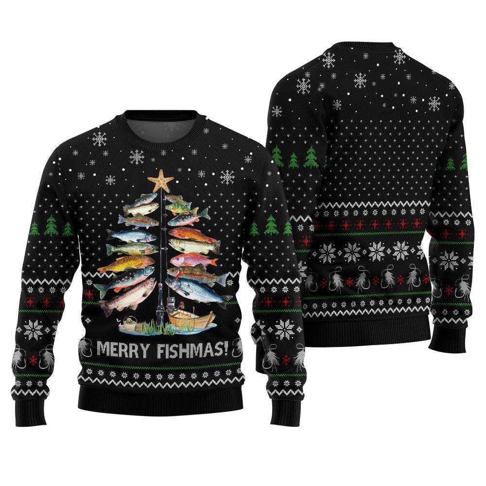 Black body of the rod-tree Merry Fishmas sweater