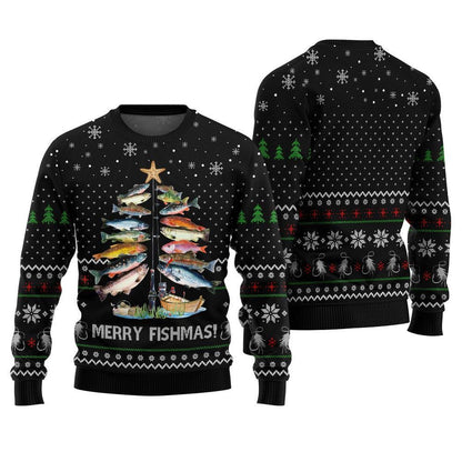 Black body of the rod-tree Merry Fishmas sweater