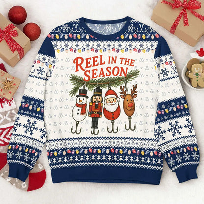 Same holiday lure sweater shown with navy ribbing