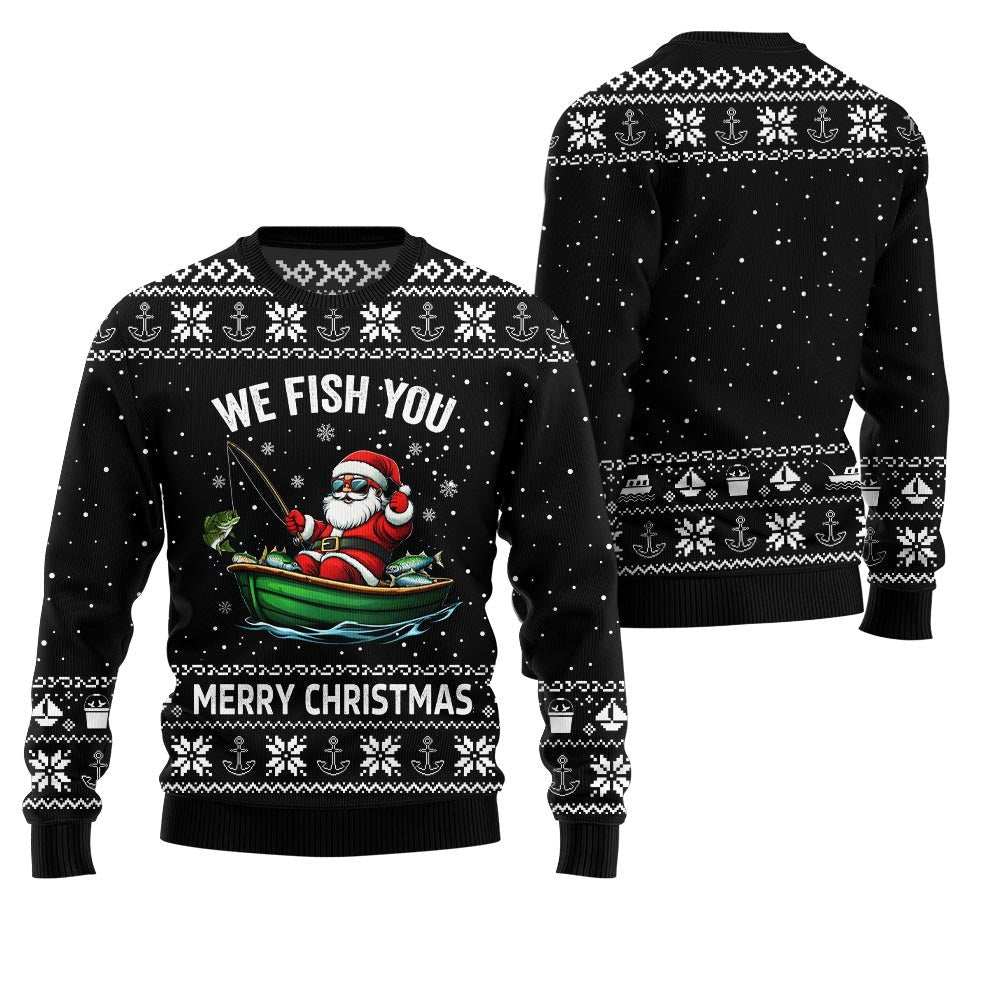 Front and back of a black sweater reading We Fish You Merry Christmas with Santa in a green boat