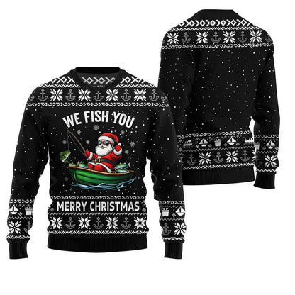 Front and back of a black sweater reading We Fish You Merry Christmas with Santa in a green boat
