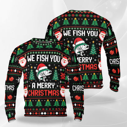 Front and back flats of a black pixel sweater reading We Fish You a Merry Christmas
