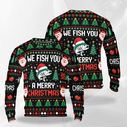 Front and back flats of a black pixel sweater reading We Fish You a Merry Christmas