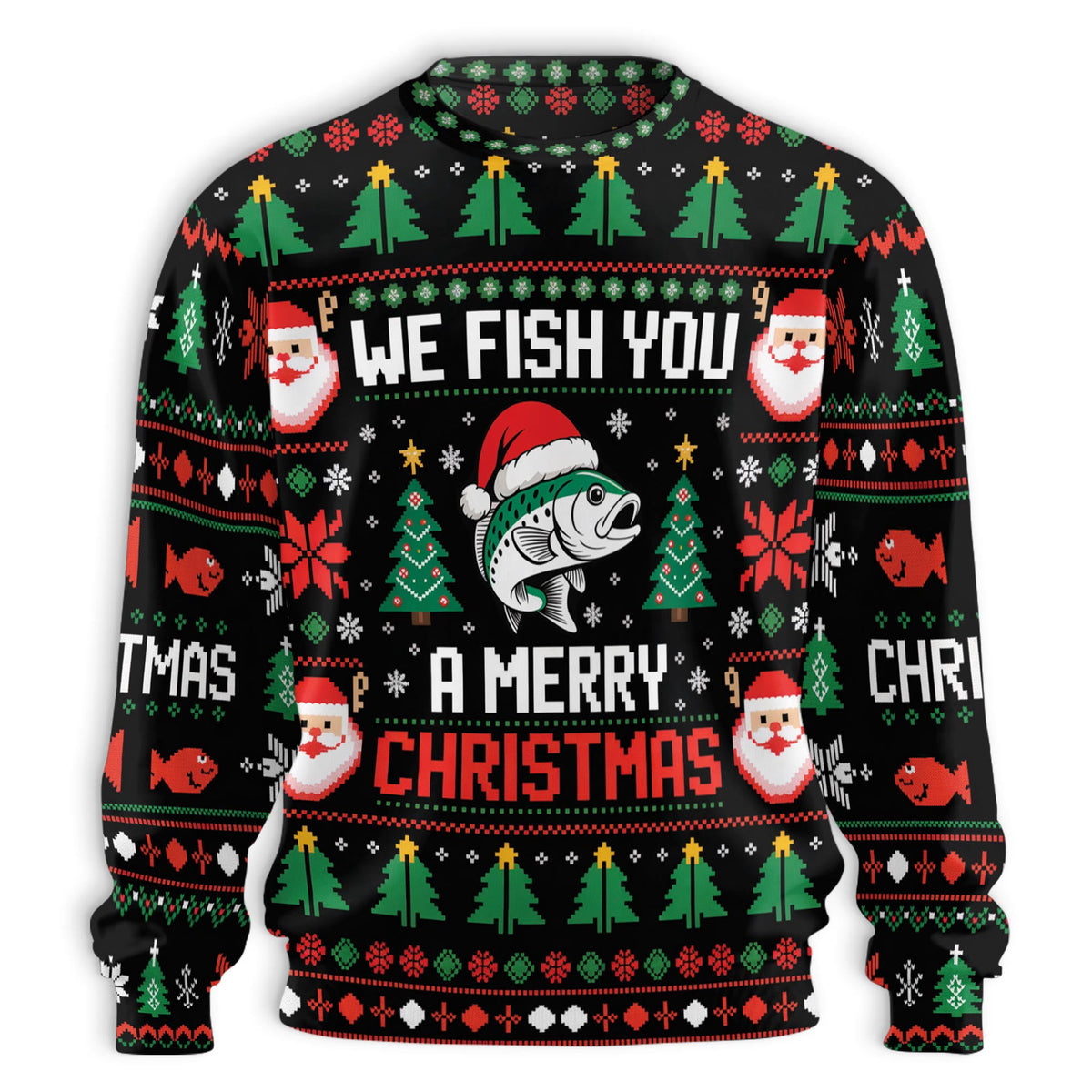 Front flat of the pixel Santa-hat fish sweater