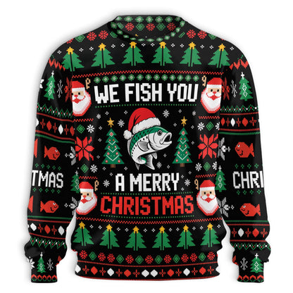 Front flat of the pixel Santa-hat fish sweater