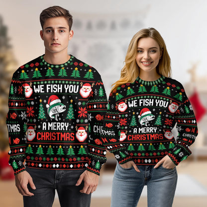 Man and woman wearing the We Fish You a Merry Christmas sweater