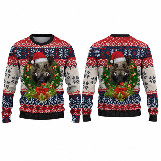Front and back of a sweater with a wild boar in a Santa hat inside a wreath
