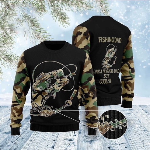 Front and back of a black sweater with camo sleeves, a jumping bass, and Fishing Dad Like a Normal Dad But Cooler