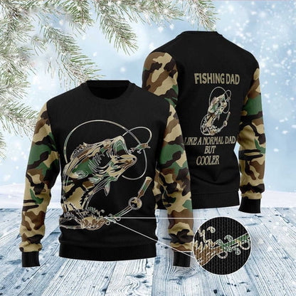 Front and back of a black sweater with camo sleeves, a jumping bass, and Fishing Dad Like a Normal Dad But Cooler
