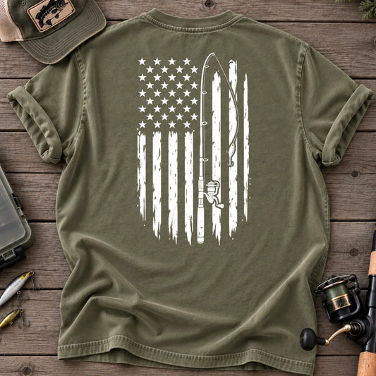 Vintage American Flag Fishing T-Shirt in Moss
