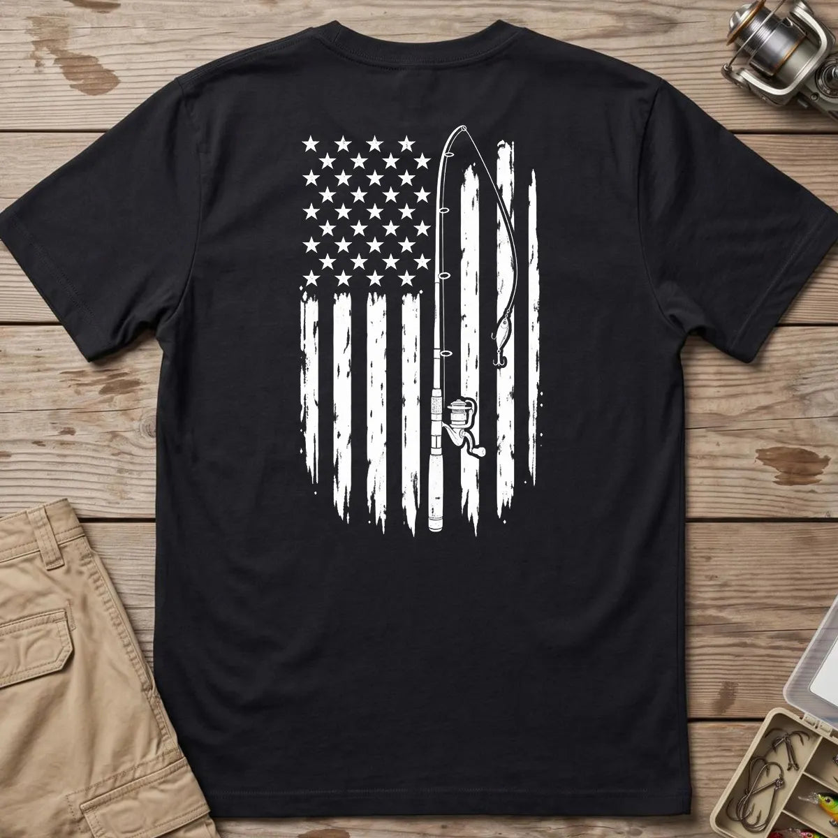 Vintage American Flag Fishing T-Shirt in Black