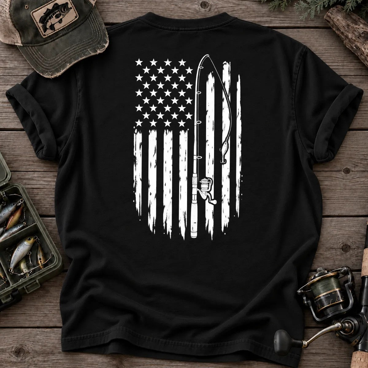 Vintage American Flag Fishing T-Shirt in Black