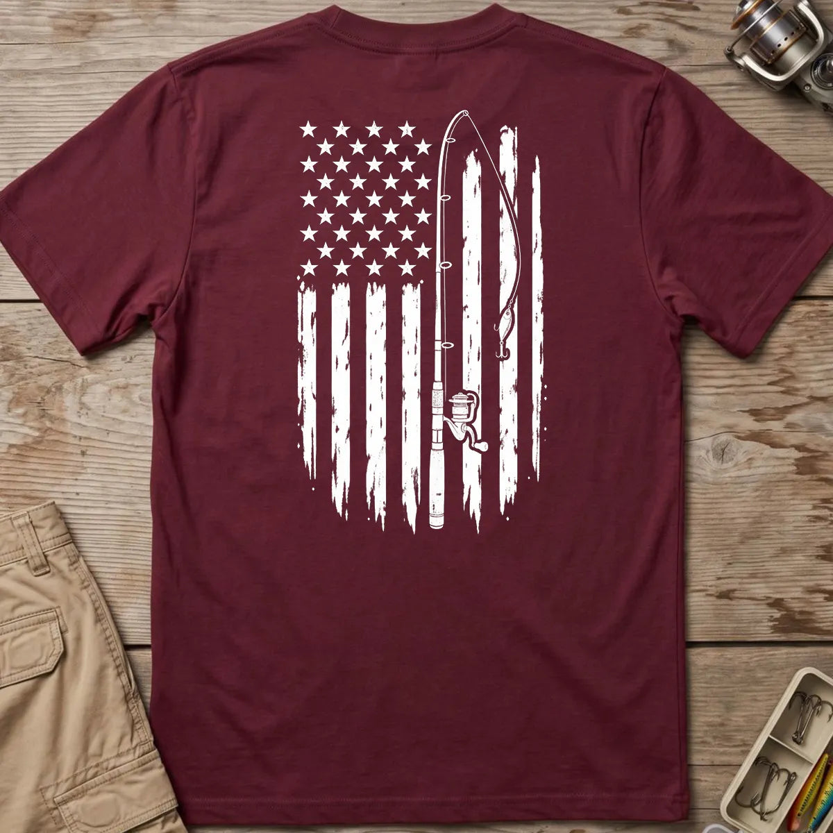 Vintage American Flag Fishing T-Shirt in Maroon