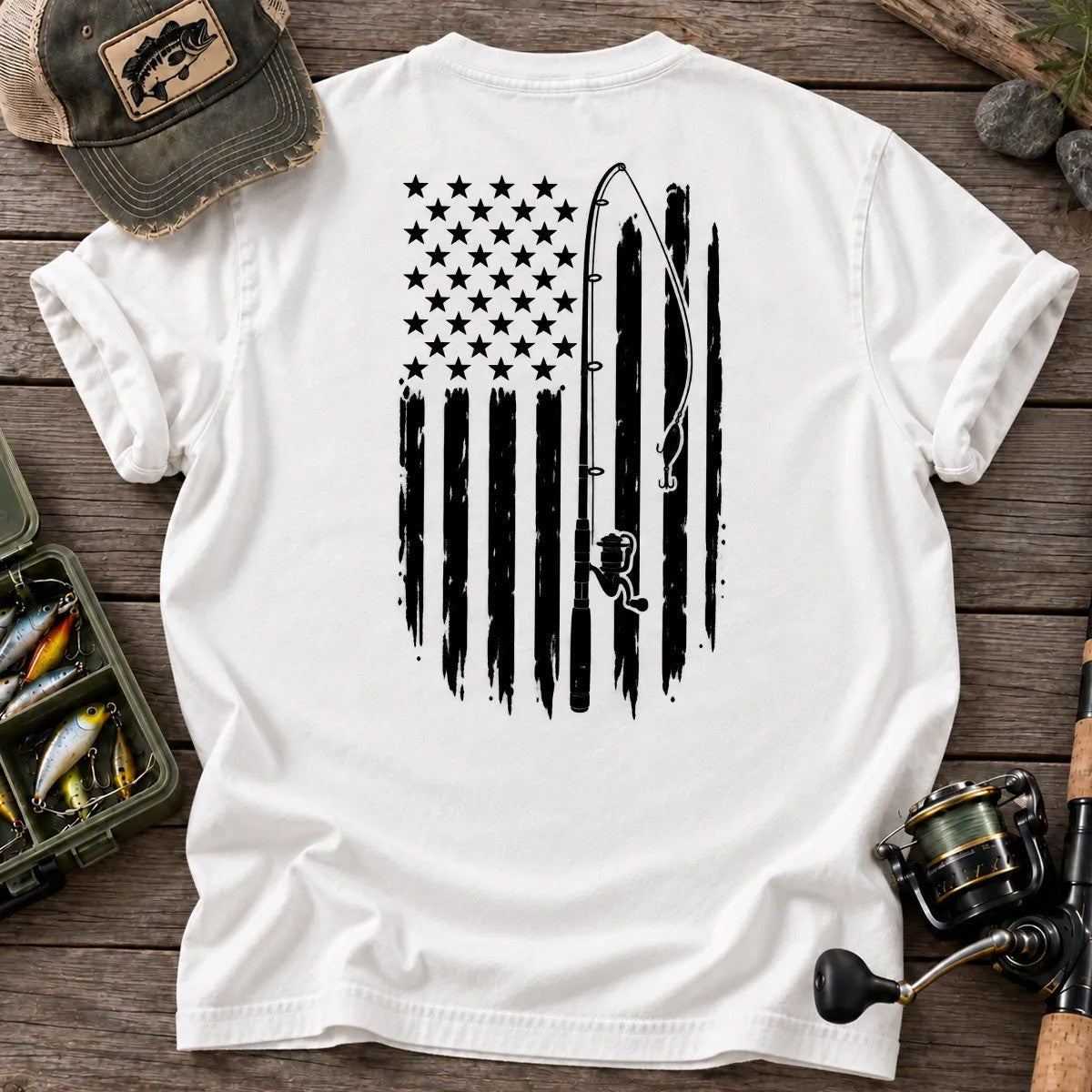 Vintage American Flag Fishing T-Shirt in White