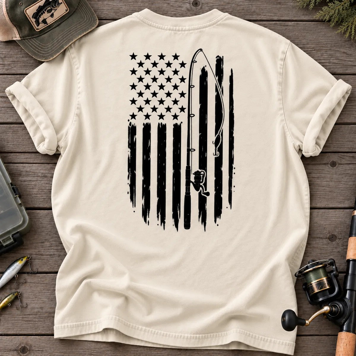 Vintage American Flag Fishing T-Shirt in Ivory