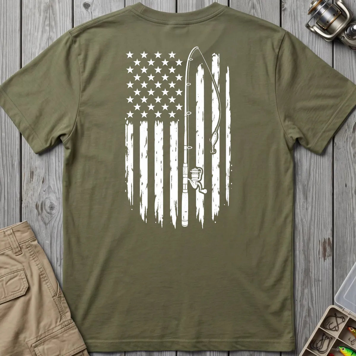 Vintage American Flag Fishing T-Shirt in Military Green