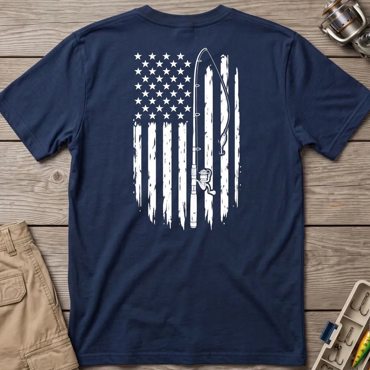 Vintage American Flag Fishing T-Shirt in Navy