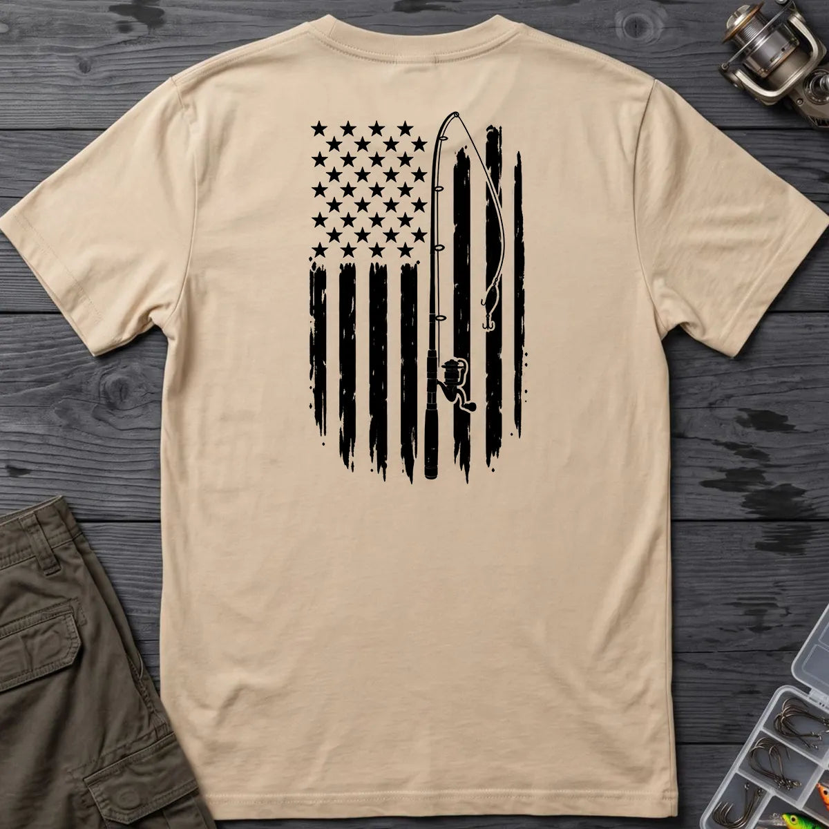 Vintage American Flag Fishing T-Shirt in Sand