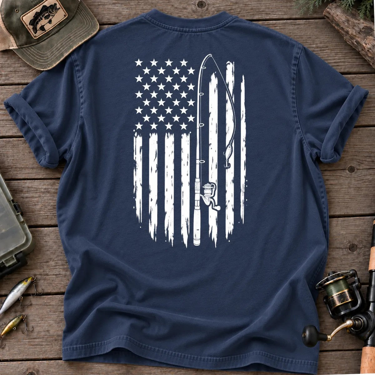 Vintage American Flag Fishing T-Shirt in True Navy