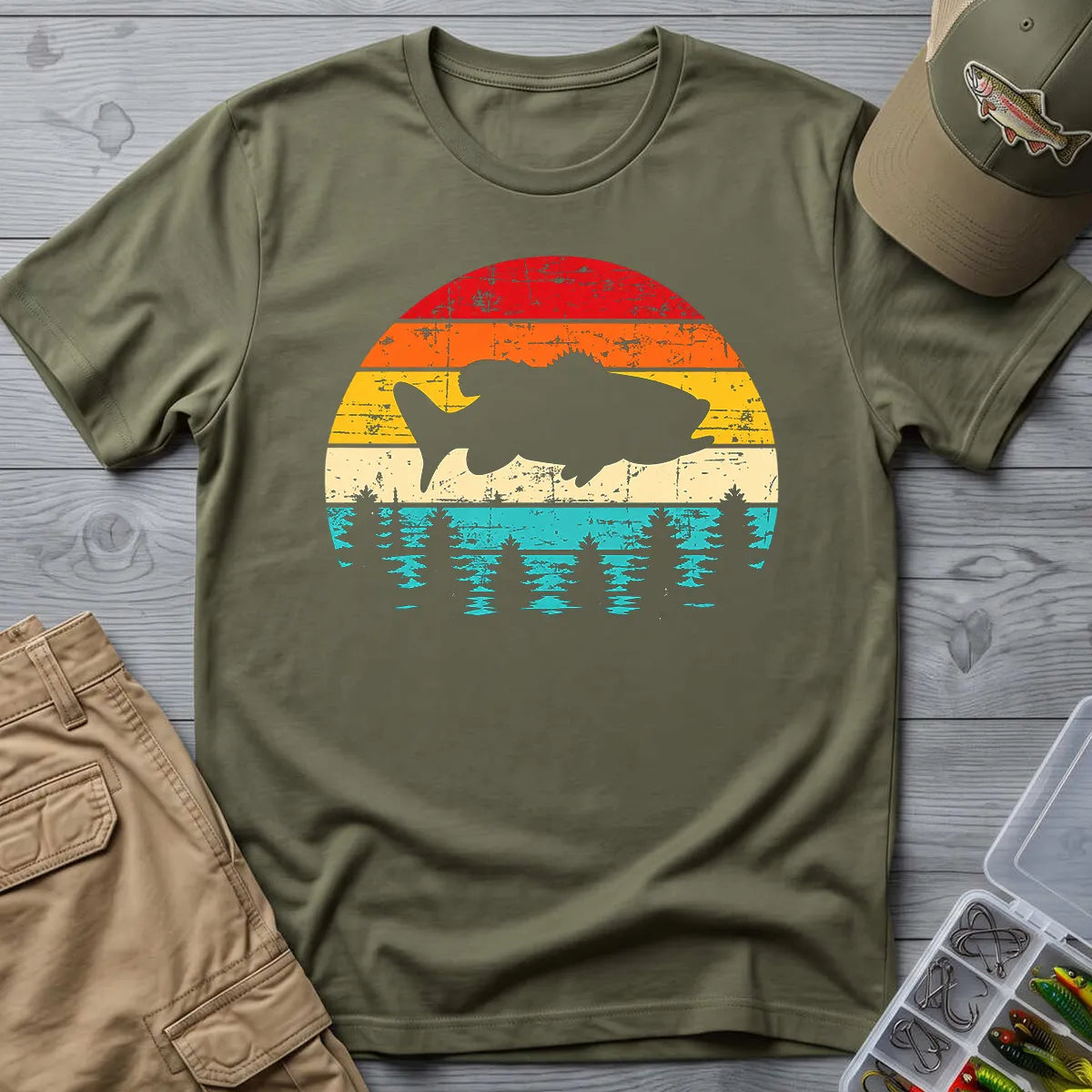 Vintage Bass Fishing T-Shirt in Military Green