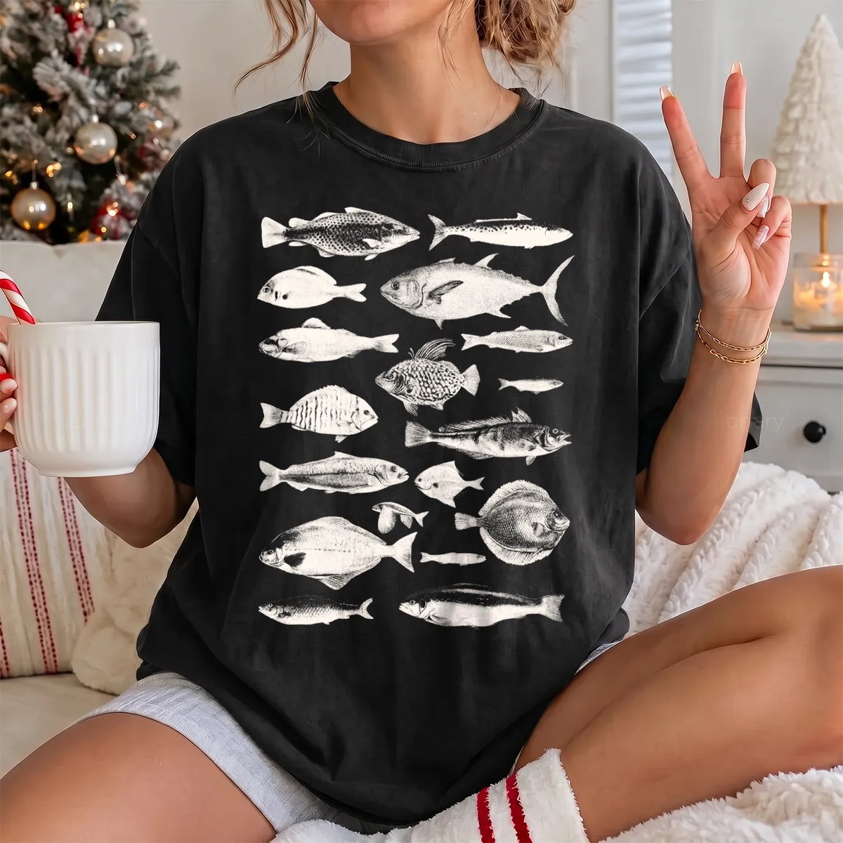 Vintage Fish Species T-Shirt Women model in Black