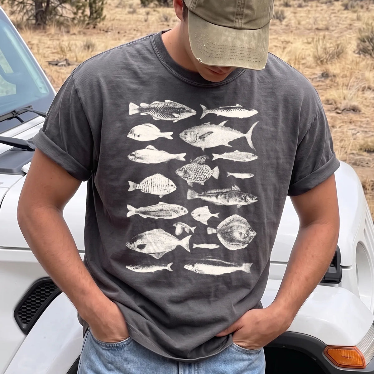 Vintage Fish Species T-Shirt Men model in Pepper